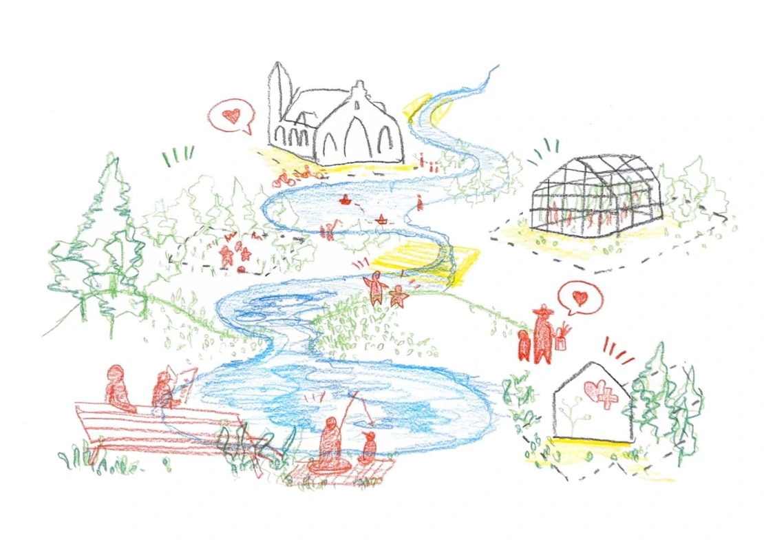 Thea’s hand-drawn vision of people, water, trees, food and community life connected by a living landscape